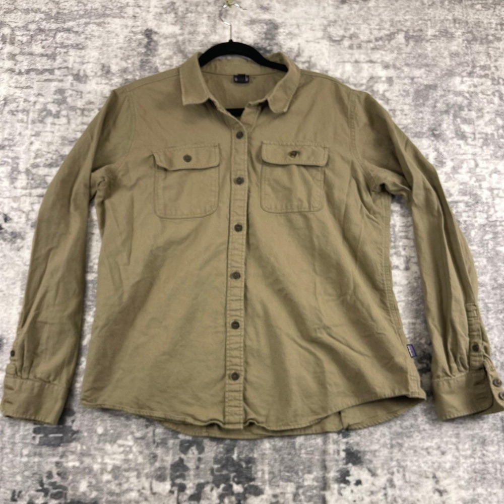 Vtg Patagonia Women XL Tan Organic Cotton Long Sleeve Button Down Utility Shirt